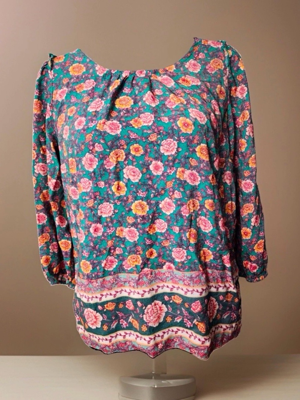 LC Lauren Conrad Floral Tie Neck 3/4 Sleeve Woven Blouse XL Turq Aqua